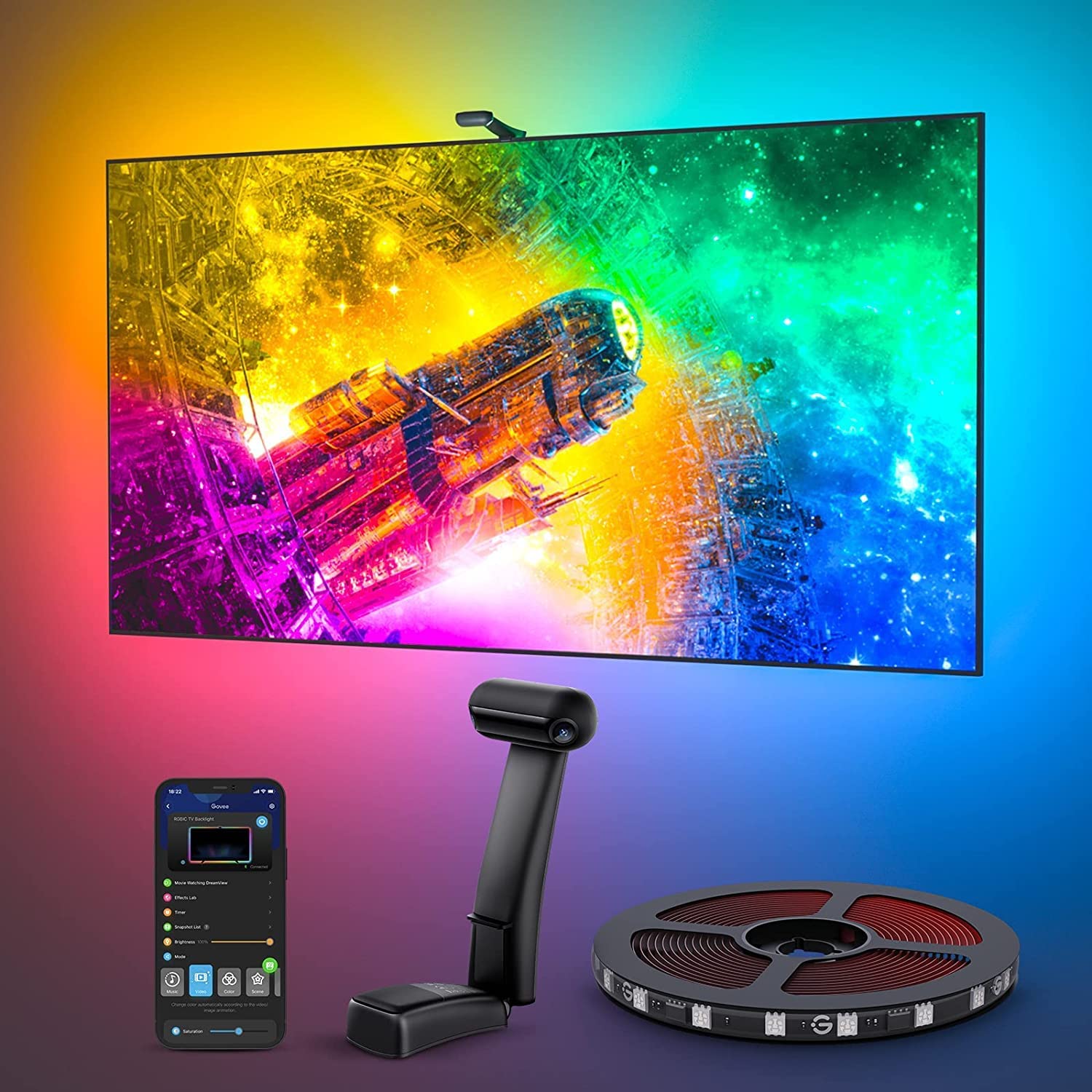 Tira LED T2 con Dual-Cámara, 3,6m RGBIC WiFi Tira LED soporta TV de 55-65 Pulgad