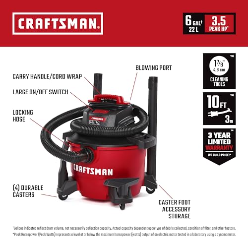 CRAFTSMAN CMXEVBE17584 6 galones 3.5 Pico HP aspiradora húmeda Seca, portátil de