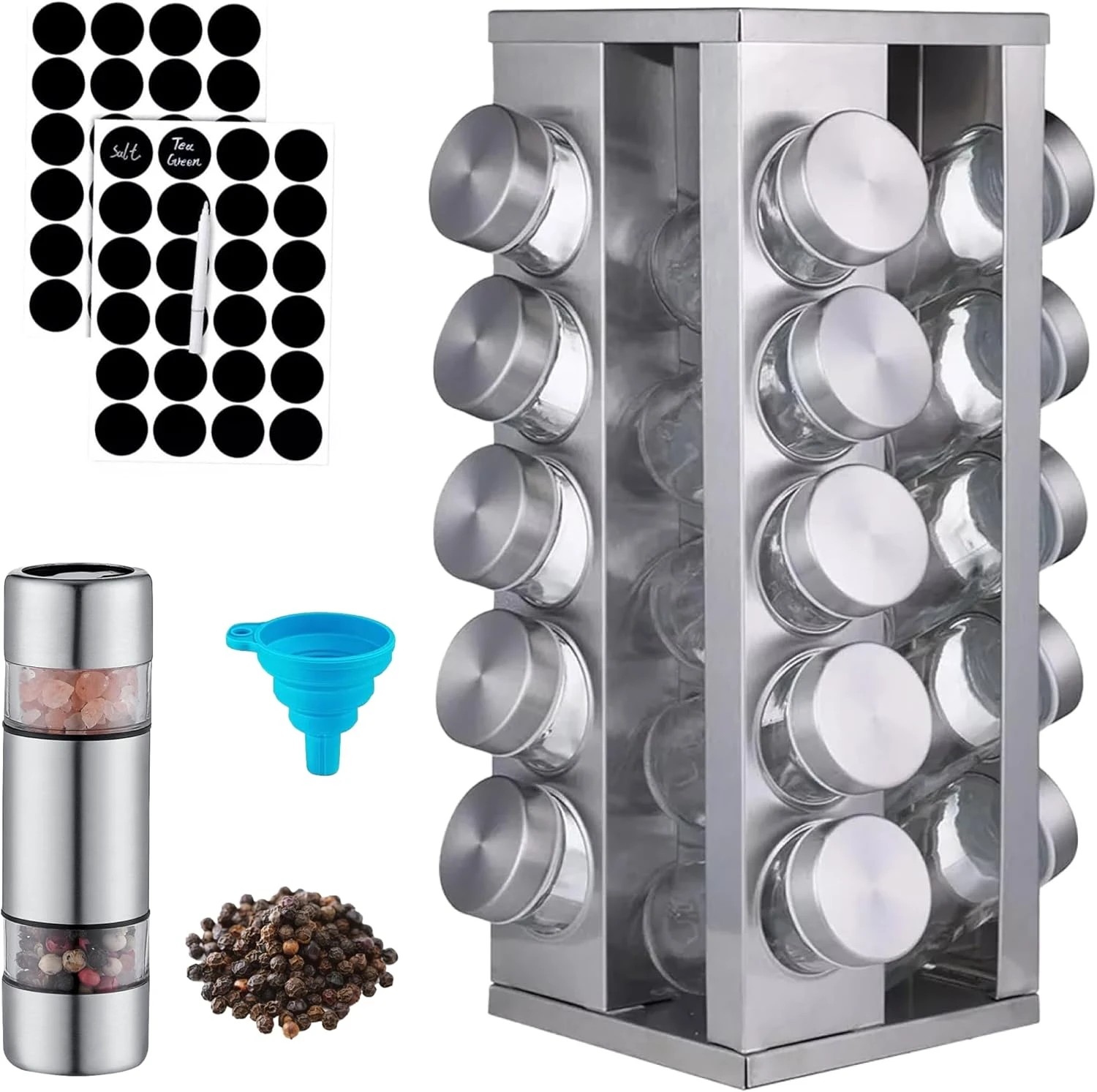 Especiero Organizador Acero Inoxidable Giratorio 360º Con 20 Frascos De Vidrio