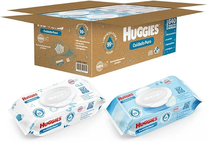 Huggies Cuidado Puro Toallas Húmedas para Bebé, Caja con 640 Piezas (8 paquetes de 80 toallitas c/u)