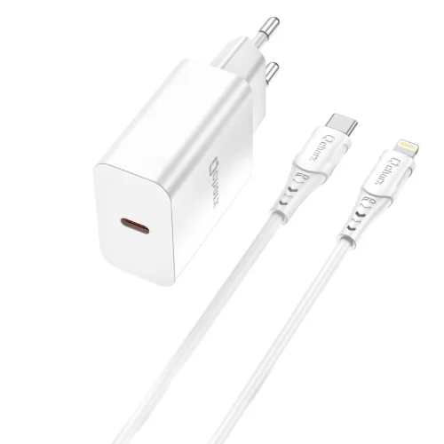 Kit cargador qcharx chronos 3a 20w + cable tipo c a lightning blanco