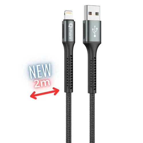 Cable qcharx prague lightning usb tipo a - 2m - aleacion de aluminio negro cordon de tela suave